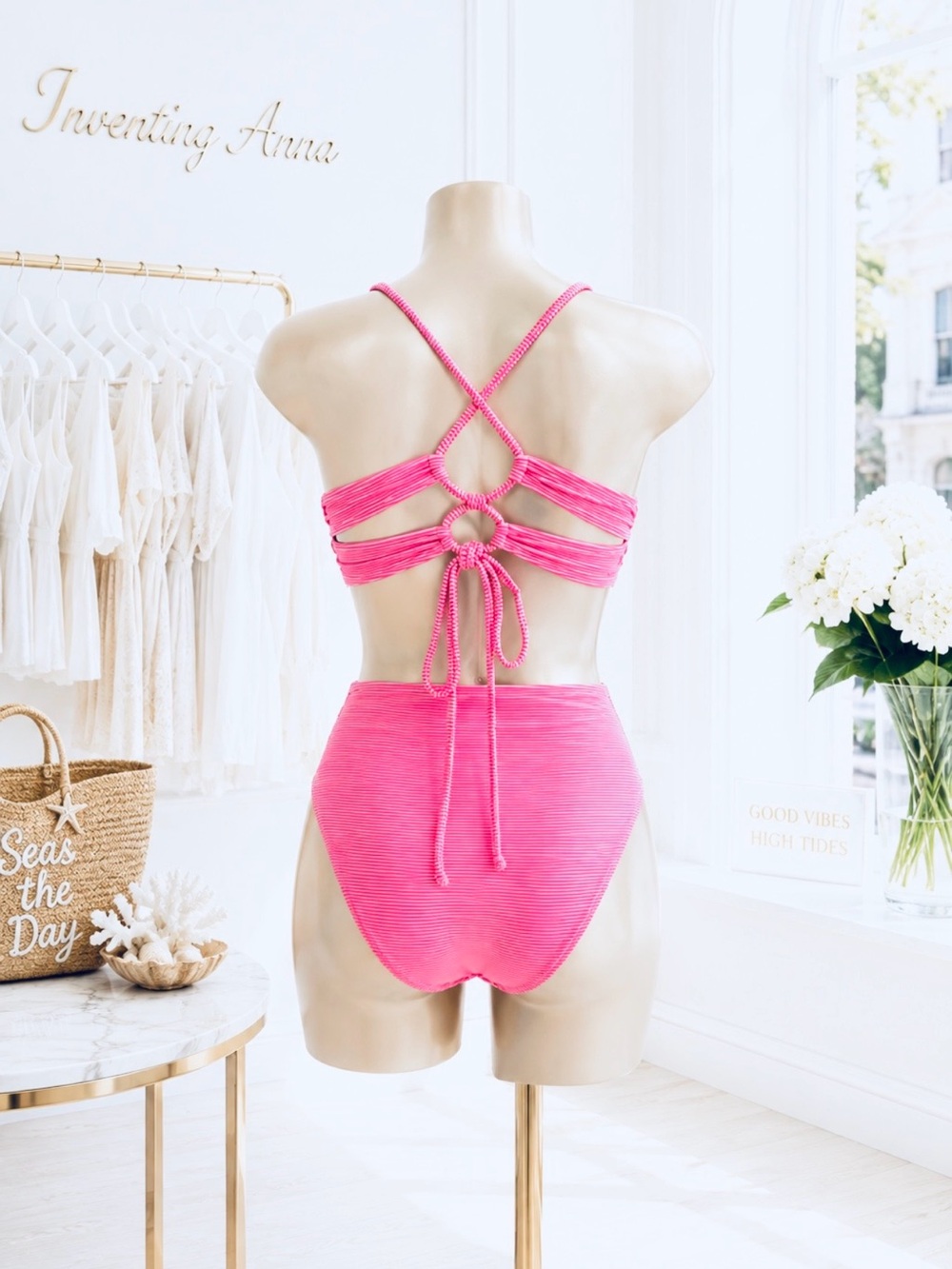 HULA HONEY Women's Pink and White Ribbed Bikini Set size L